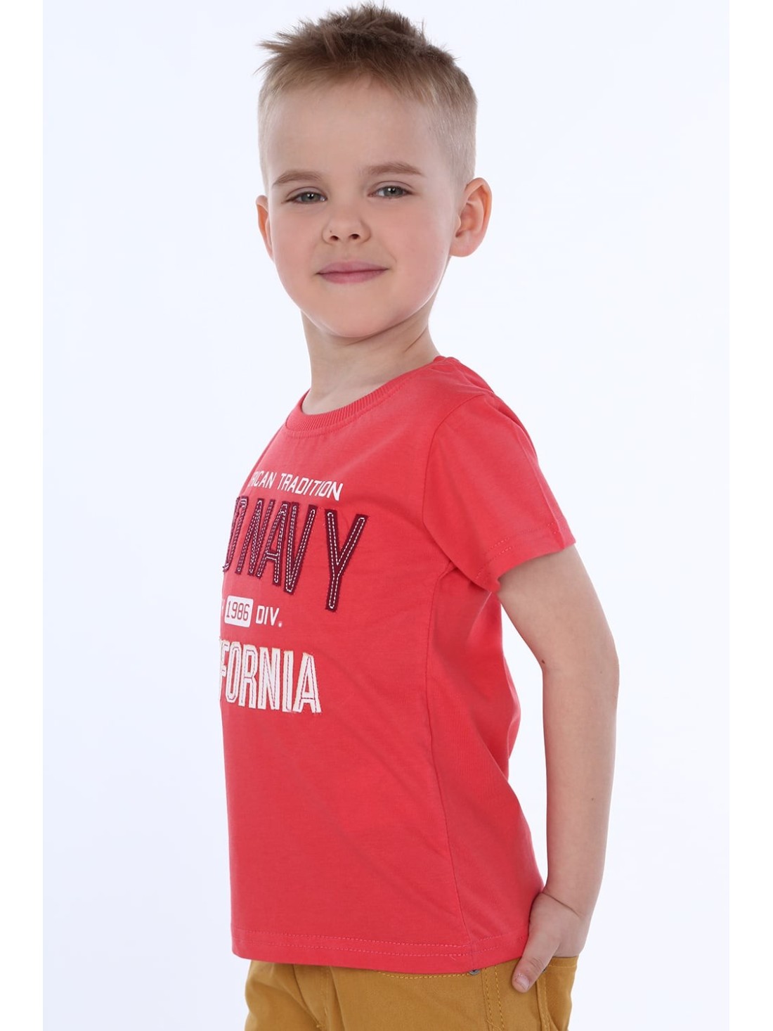 Jungen-T-Shirt mit Aufschrift, Koralle NDZ4481 - Online-Shop - Boutique